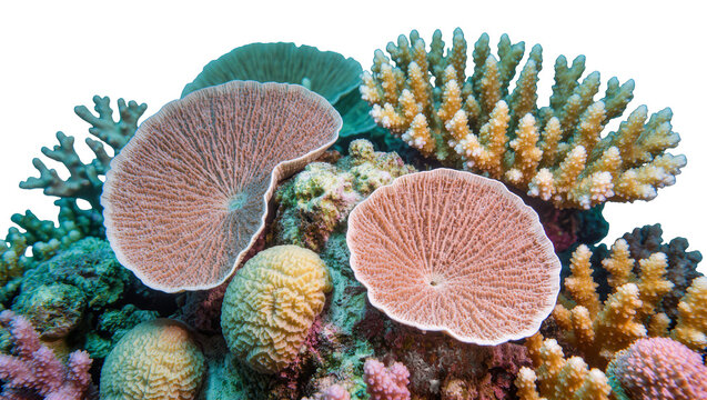 Assorted colorful coral reef formations with fan and brain corals