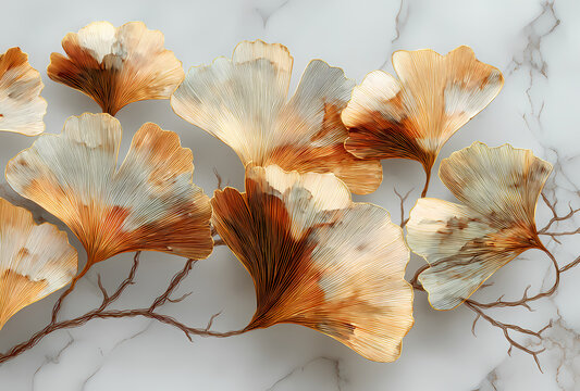 Art botanique &agrave; l'aquarelle de feuilles de ginkgo en marbre dor&eacute;