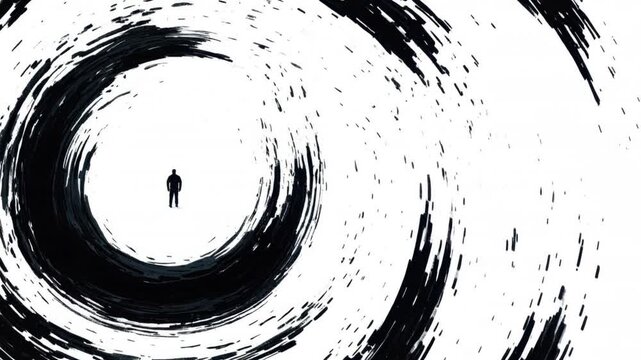 Abstract black swirl vortex with silhouette of a lone man in the center symbolizing isolation, introspection, and emotional turmoil in minimalistic conceptual art
