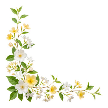 Delicate floral corner border arrangement featuring white and yellow blossoms with fresh green foliage.