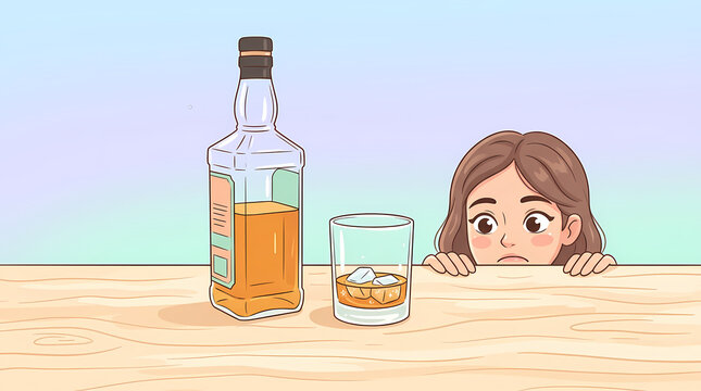 Illustration d'une jeune femme regardant avec anxi&eacute;t&eacute; une bouteille de whisky et un verre rempli d'alcool sur une table en bois