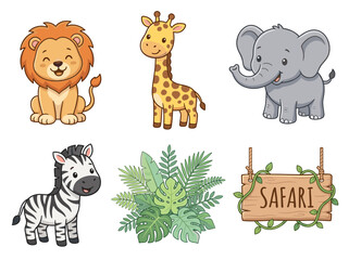 Fototapeta premium Vector set of safari animal illustrations with baby lion, giraffe, elephant, zebra, tropical leaf, and wooden banner on white background