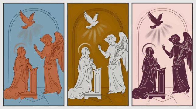Monochromatic Vector Illustration of the Annunciation with Mary and Angel Gabriel, Dove of the Holy Spirit Above, Three Color Variations, Flat Design