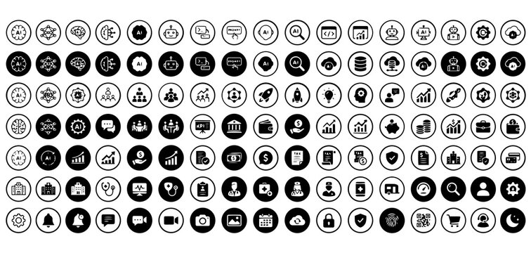 Large set of artificial intelligence, business, and healthcare featuring brains, robots, graphs, and medical symbols in black circles