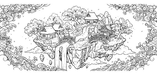 Obraz premium Detailed black and white line of a fantasy floating island with traditional japanese houses, cherry blossoms, and waterfalls