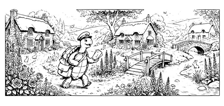 Charming rural village coloring page featuring a turtle postman with a mail bag walking past stone cottages, a wooden bridge, and a stream