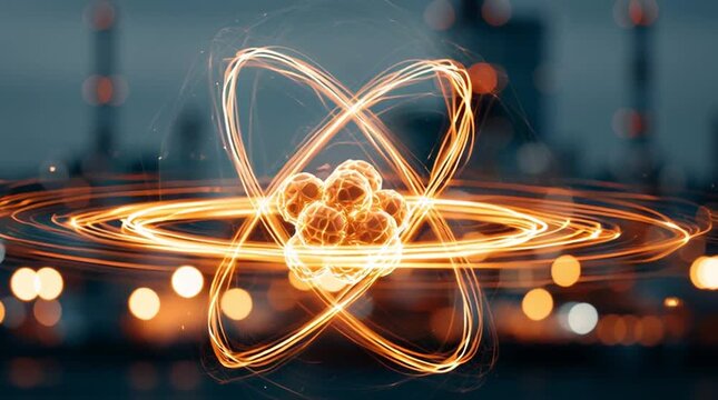 Glowing atomic model visualization against industrial background, advanced nuclear energy, quantum physics and scientific innovation concept
