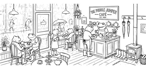 Obraz premium A detailed coloring page of the puddle jumper cafe featuring anthropomorphic frogs, a wood stove, umbrellas, and a frog barista serving coffee