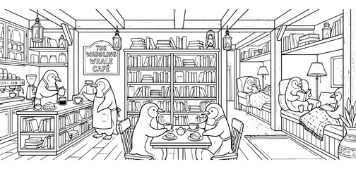 A cozy coloring page featuring anthropomorphic penguins in a cafe setting with bookshelves, tables, chairs, and a coffee machine, line style © md razab 1122