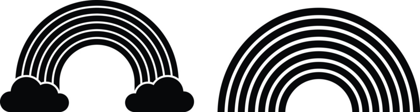 Black rainbow icons, cloud silhouette graphics, simple monochrome vector illustrations, minimalist design elements