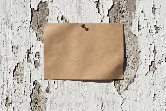 Blank kraft paper note pinned with thumbtack on rustic white peeling paint wall, copy space mockup