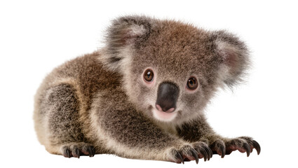 Cute koala cub lying down soft fur big eyes, black nose © Peregrine