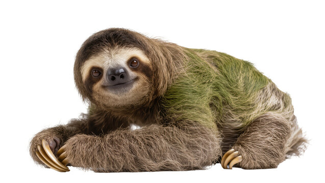 Three-toed sloth with green algae on fur lying down