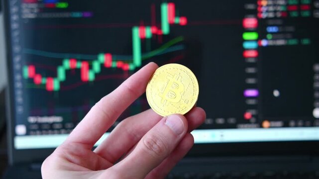 Human hand holding shiny bitcoin coin in front of laptop screen with financial trading charts