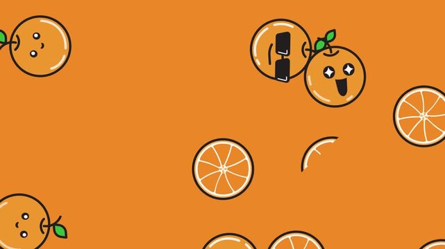 Cute Orange Fruit Character Background with Kawaii Emoji Face Seamless Loop. Animated Playful Seamless Pattern of Flat Citrus Slices and Funny Orange Emoticons Character Motion Graphic Wallpaper.