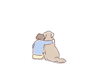 大型犬に寄り添う少年の後ろ姿のイラスト
