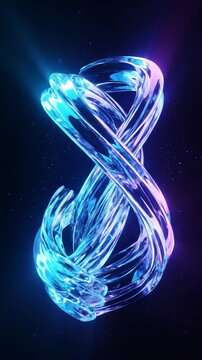 Abstract swirling 3d object in blue and purple neon light, dark background with glowing particles, futuristic motion