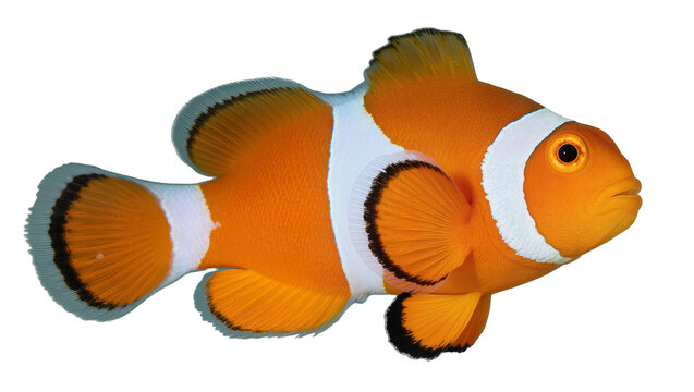 Orange clownfish with white stripes and black fin edges