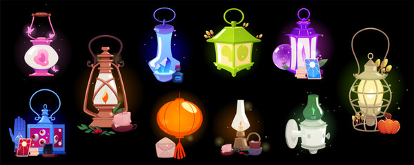 Naklejka premium Vintage magic lanterns with burning candle and sparkles vector set, colorful antique fairytale lamps witch accessories