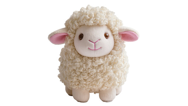 Fluffy white sheep plush toy with pink ears