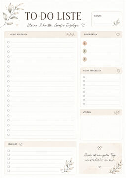 Minimalist German to-do list printable template with floral decoration. Perfect for daily planning, productivity, priorities, notes, and organization.