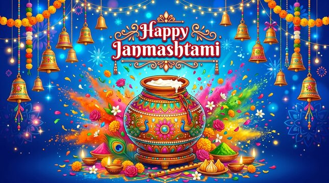 Vibrant dahi handi decorated with colorful patterns for happy janmashtami celebration