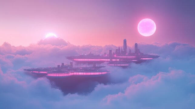 Ethereal metropolis floating amidst cloudscapes under a dreamy sunset, bathed in pink and lavender