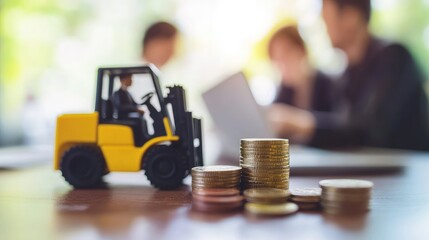 Fototapeta premium Forklift toy and stacked coins representing business finance and investment growth concept