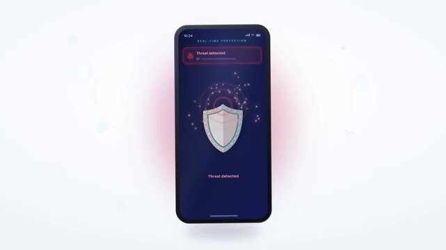 Smartphone real time protection blocking a security threat with shield and protected status
