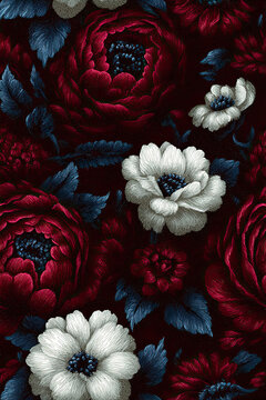 Red and White Floral Pattern with Dark Blue Leaves