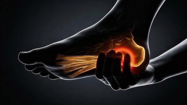 Plantar Fasciitis Heel Pain 3D Medical Animation Foot Anatomy Fascia Bone X-Ray Glowing Red Dark Background