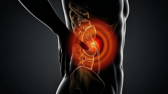 Kidney Stone Pain 3D Medical Animation Human Body Renal Anatomy Organ X-Ray Glowing Red Dark Background