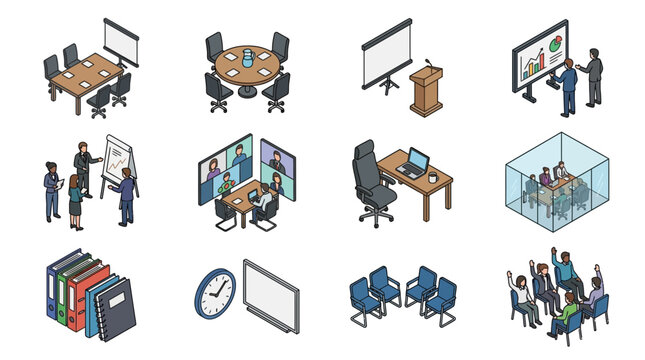 Isometric Meeting Room Icons Set: Conference, Presentation, Collaboration, Office