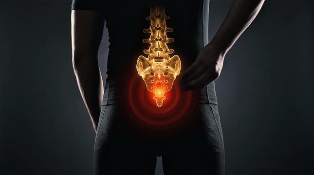 Lower Back Pain Sacrum Spine 3D Medical Animation Human Body Lumbar Anatomy X-Ray Glowing Red Dark Background