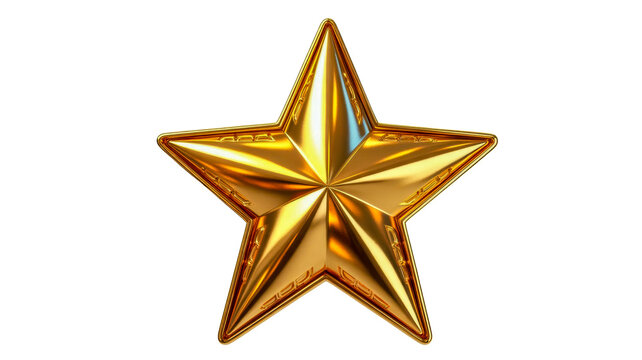 Shiny metallic gold star object captured in a high quality professional studio photo with bright reflections and sharp edges presented as a single item on transparent background