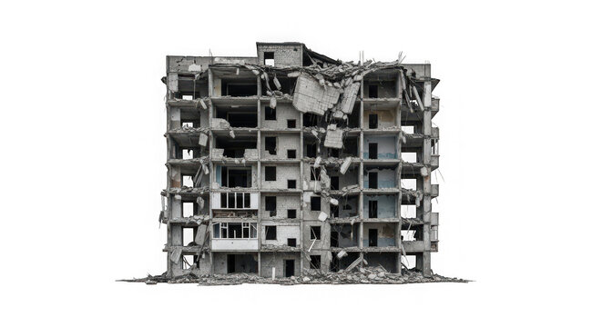 Destroyed residential building after a bombing, ruined apartment block, war damage in ukraine, isolated on transparent background