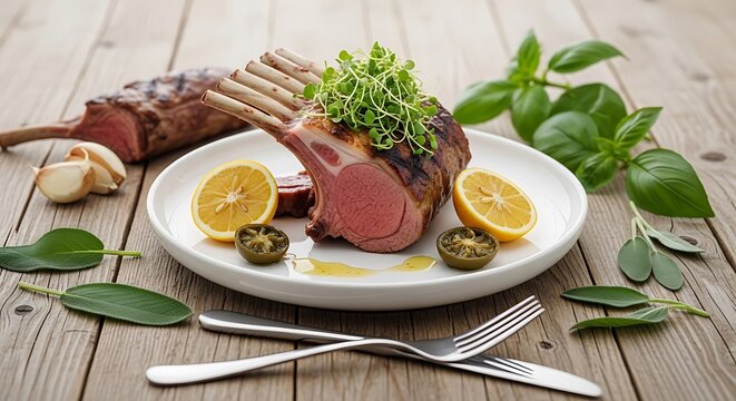 Grilled Rack of Lamb Served with Fresh Herbs and Lemon on a Rustic Wooden Tabletop Setting