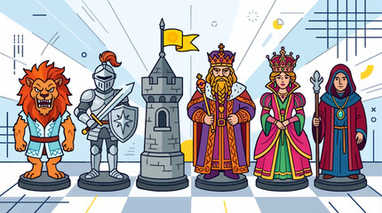 Stylized Flat Design Vector Illustration of Chess Pieces: Lion, Knight, Rook, King, Queen, and Wizard on a Chessboard Background with Geometric Elements © Siska