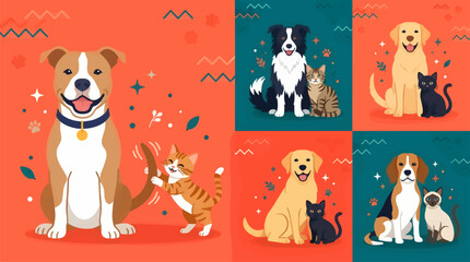 Fototapeta premium Flat Design Vector Collection of Various Dogs and Cats in Playful Poses, Diverse Breeds Sitting Together on Colorful Backgrounds with Paw Prints and Stars