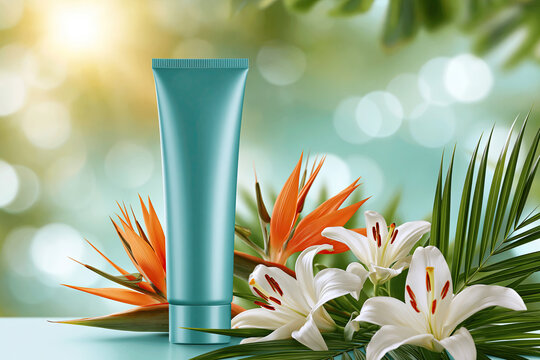 Teal Cosmetic Tube with Tropical Flowers