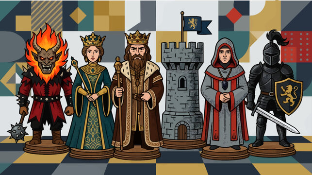 Stylized Flat Design Vector Illustration of Chess Pieces: Fiery Demon, Queen, King, Rook Tower, Wizard, and Knight with Shield and Sword, on a Geometric Background