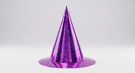 Fototapeta premium Metallic purple holographic party hat featuring a spiral design and reflective surface textures, isolated on a clean white studio backdrop, metallic, hologram, accessory