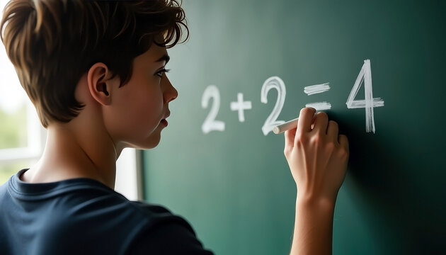 focused boy writing equation on chalkboard during math lesson, basic arithmetic, classroom learning, practicing numbers