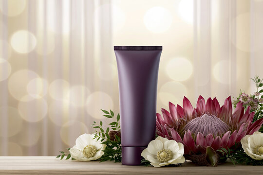 Dark Purple Cosmetic Tube with Protea and Blossoms