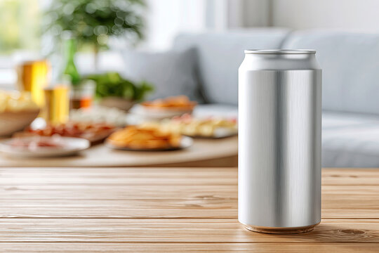 Plain Silver Beverage Can on Wooden Table