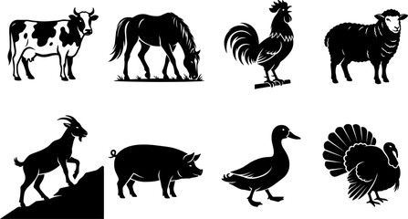 Fototapeta premium Black Silhouettes of Common Farm Animals Including Cow, Horse, Rooster, Sheep, Goat, Pig, Duck, and Turkey