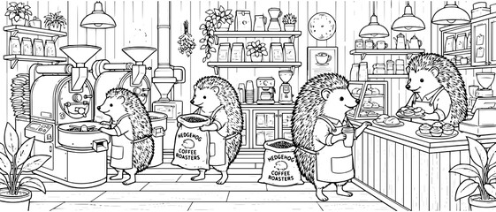 Obraz premium A charming black and white line of a coffee shop run by hedgehogs roasting beans and serving customers at a wooden counter