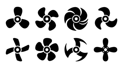Fototapeta premium Fan Blade Icon Set Representing Airflow, Rotation, and Energy Efficiency in Bold Black‑and‑White Vector Style