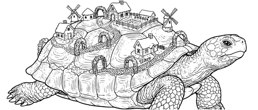 A detailed black and white line of a giant tortoise carrying a small peaceful village with houses and windmills on its back