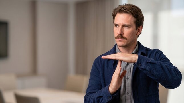 Man showing a timeout gesture with hands in a modern office environment